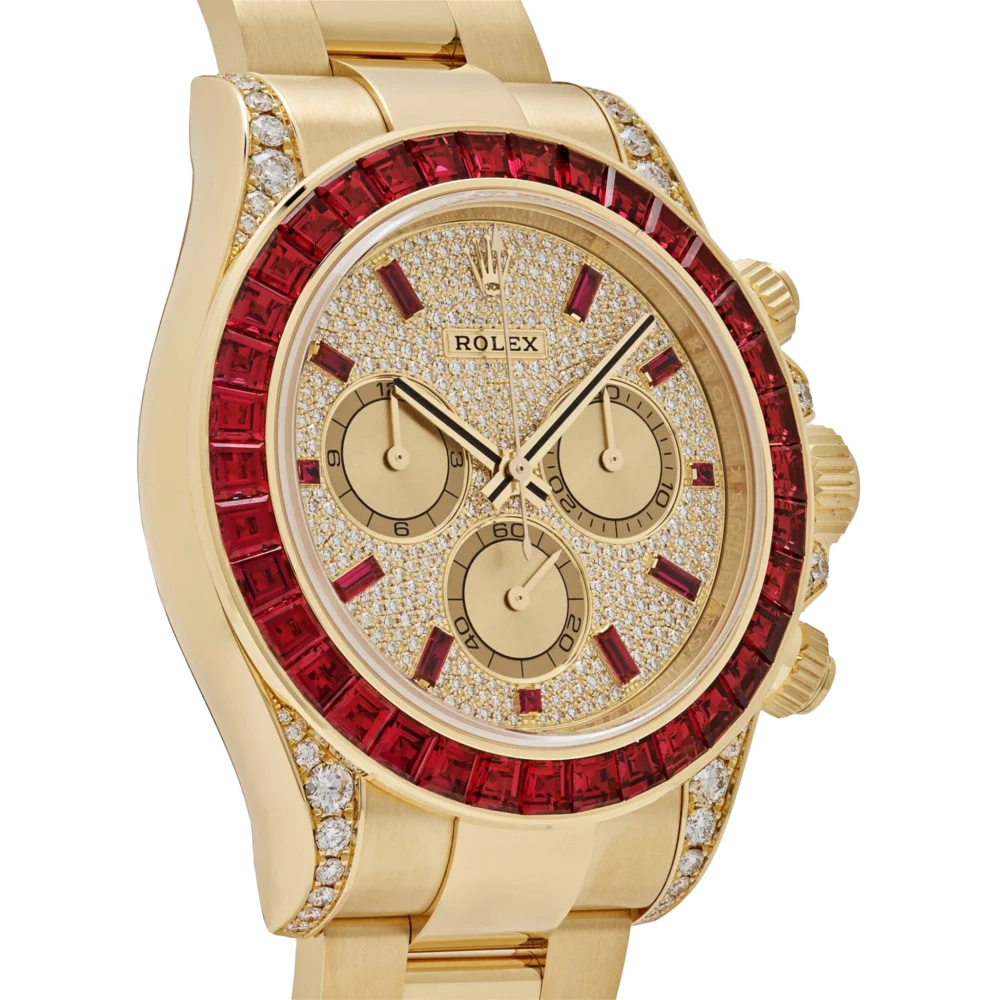 Rolex Daytona 126598TRU Yellow Gold Ruby Bezel Diamond Pave Dial – ROLUNO